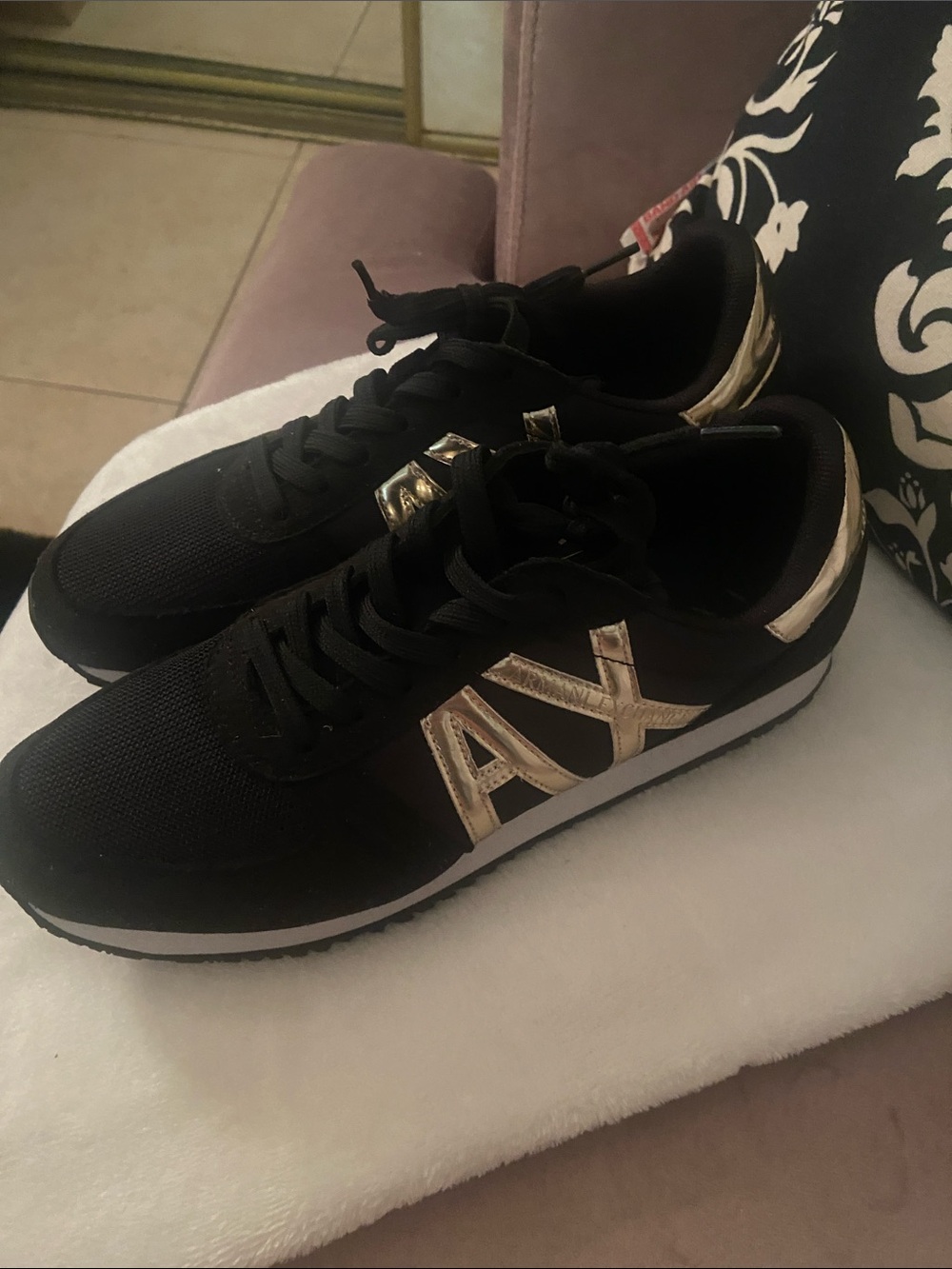 Armani Exchange Black Sneakers with Gold Logo Trim sz 7.5